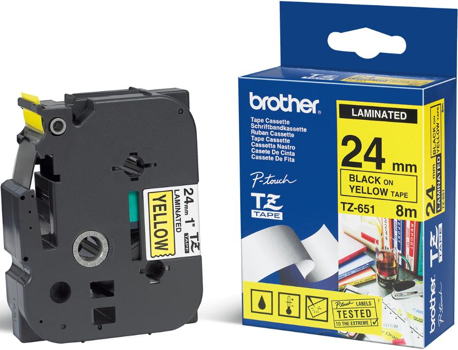 Brother TZe651 (24mm x 8m) Black On Yellow Laminated Labelling Tape