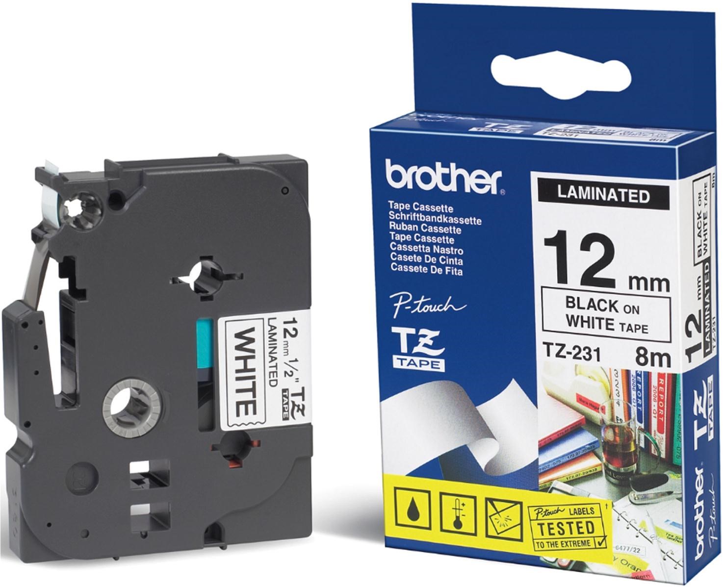 Brother Ptouch TZ231 (12mm x 8m) Black On White Gloss Laminated Labelling Tape TZ231 CCL Brother Ptouch TZ231 (12mm x 8m) Black On White Gloss Laminated Labelling Tape TZ231 CCL