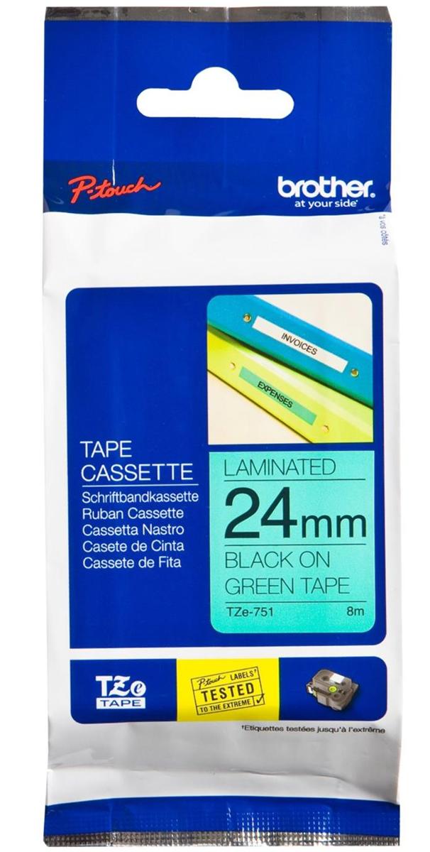 Brother TZe-751 Black on Green 24mm Labelling Tape (100% Original