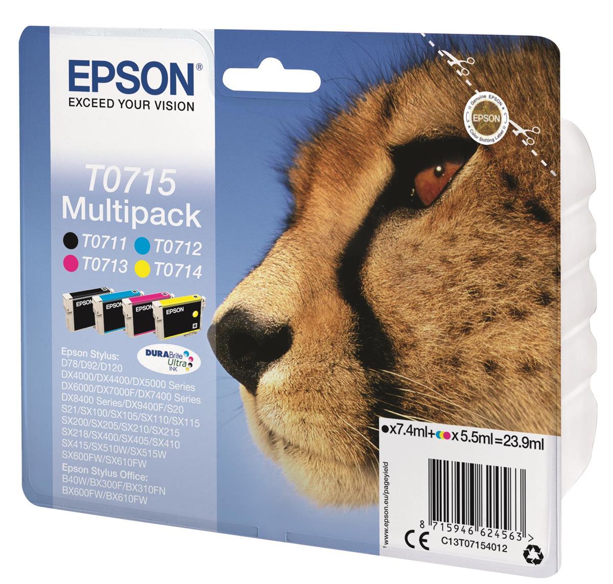 Epson Black/Cyan/Magenta Cheetah T0715 Multi Pack Durabrite Ultra Ink Size 4