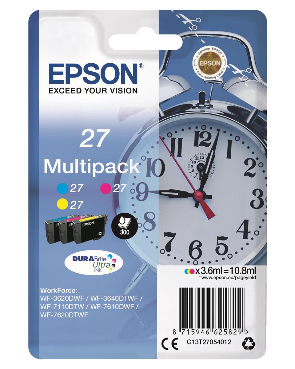 Epson Cyan/Magenta/Yellow Alarm Clock Durabrite Ultra Multipack Ink Cartridges Size 27