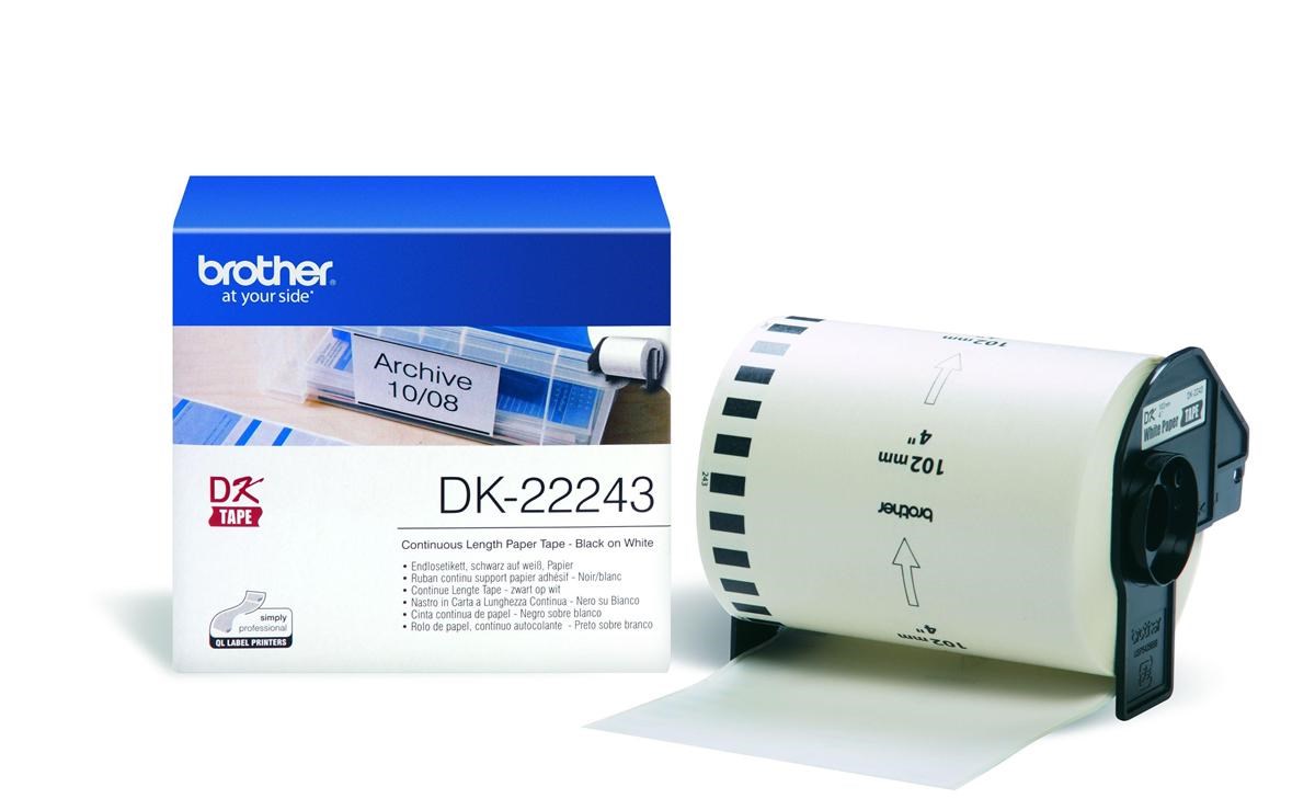 Brother DK Labels DK-22243 (102mm x 30.48m) Continuous Paper Label Tape (Black On White)1 Roll ...