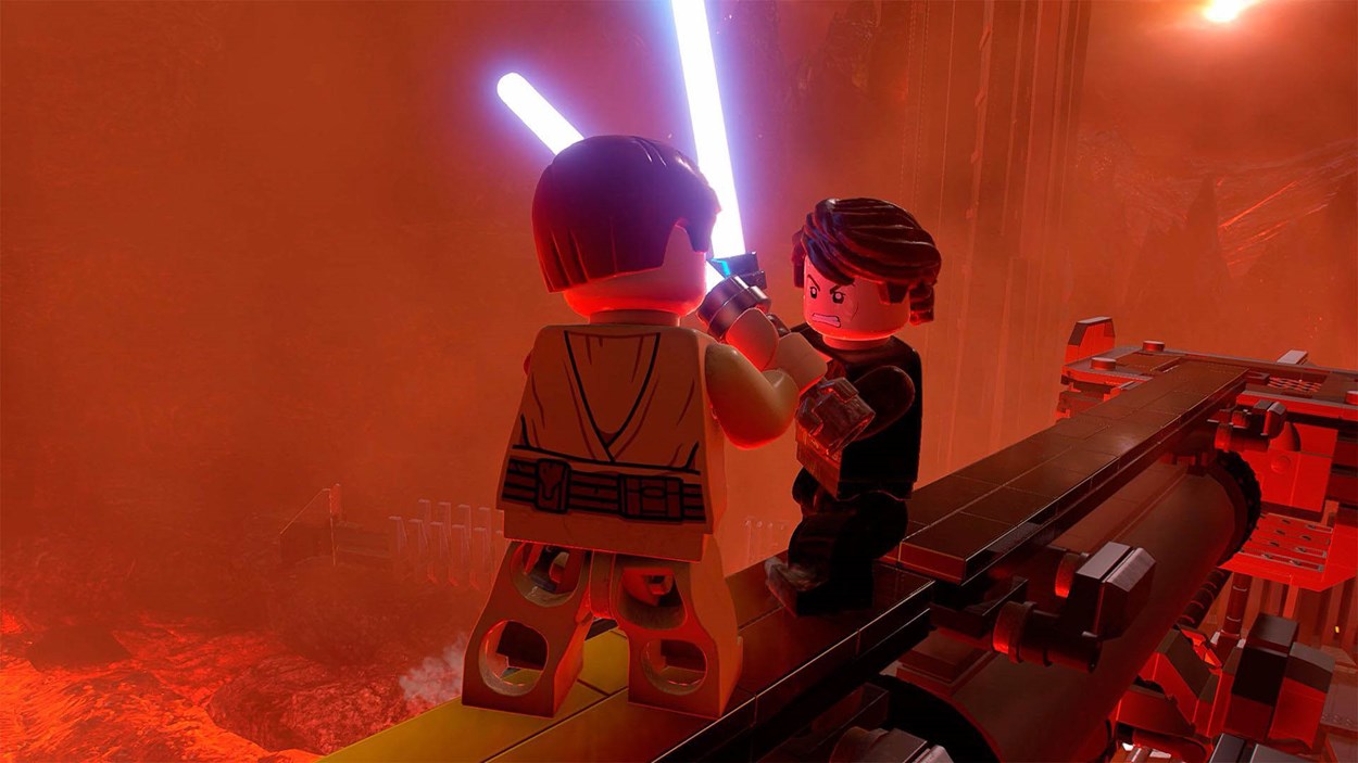 LEGO Star Wars characters Obi-Wan Kenobi and Anakin Skywalker duel with lightsabers on a lava-filled platform on Mustafar, recreating a dramatic scene from Episode III in LEGO form.