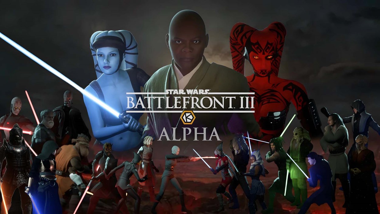 Fan-made promotional image for Star Wars Battlefront III Alpha mod featuring custom characters, including Jedi and Sith with lightsabers, centered around Mace Windu, with the mod's logo and title prominently displayed.