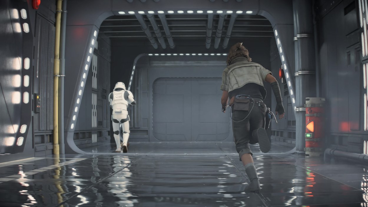 A dramatic chase in a sleek, futuristic corridor, featuring a stormtrooper fleeing while pursued by a rugged character equipped with survival gear.