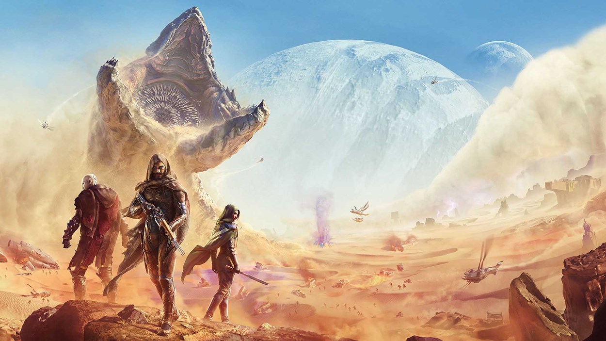 Three armored characters stand in a vast desert as a massive sandworm erupts behind them, with moons looming in the sky and battles raging in the distance.