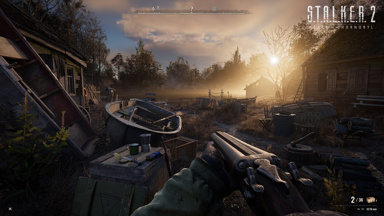 A post-apocalyptic rural landscape at sunrise, featuring abandoned wooden houses, scattered debris, and a double-barrel shotgun in the foreground, evoking a tense survival atmosphere.