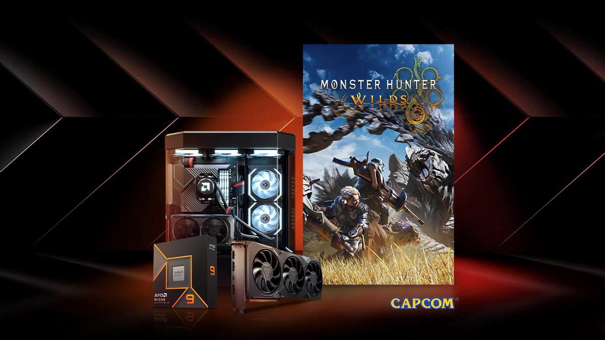 Promotional image for the Monster Hunter Wilds AMD game bundle, featuring a high-performance gaming PC, an AMD Ryzen 9 processor, an AMD Radeon graphics card, and the game's official cover art.