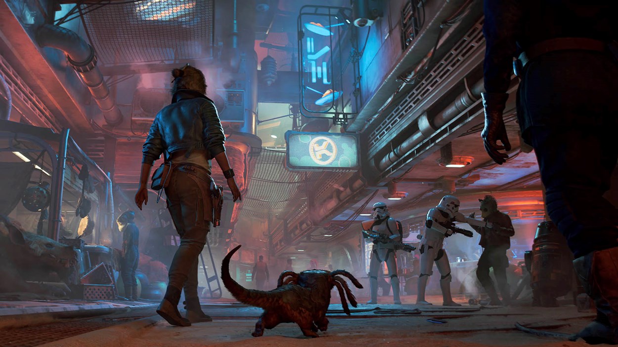 A female character and her alien companion walk through a crowded, neon-lit underground market in Star Wars Outlaws, as stormtroopers confront a Rodian in the background.