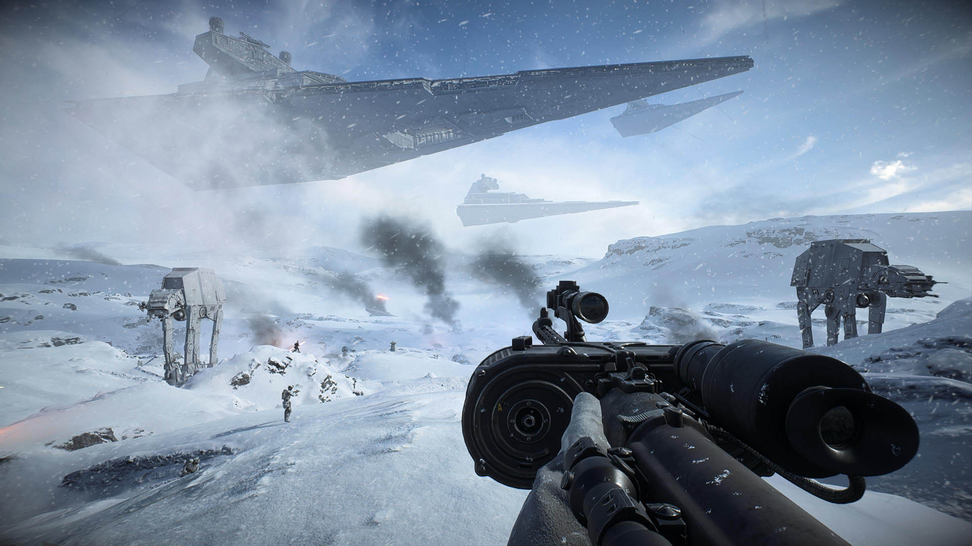 First-person view of a battle on the snowy planet Hoth in Star Wars Battlefront II, with AT-AT walkers, stormtroopers, and Star Destroyers visible amid falling snow and smoke.