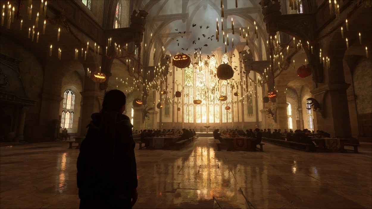 An enchanting hall adorned with floating candles, glowing jack-o'-lanterns, and festive decorations, filled with students enjoying a feast in a magical ambiance.