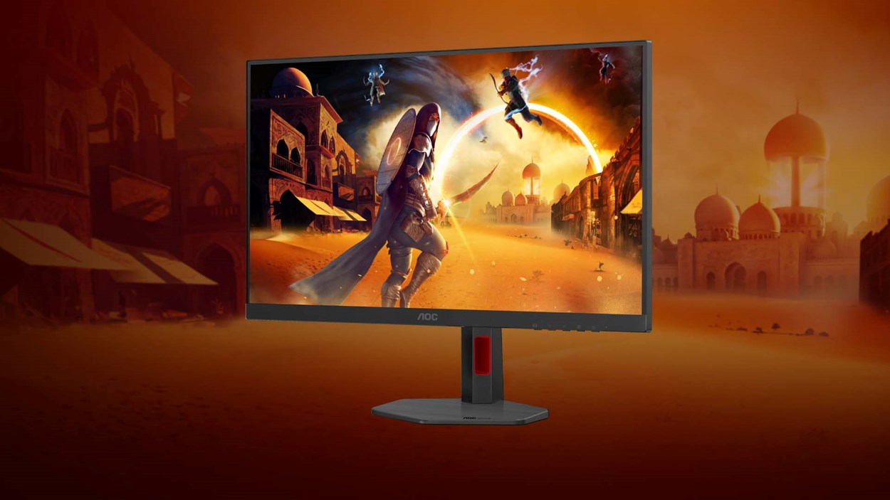 AOC U27G4R 27-inch 4K gaming monitor displaying a vibrant action game scene with a fantasy warrior and magical effects, set against a desert-themed backdrop.