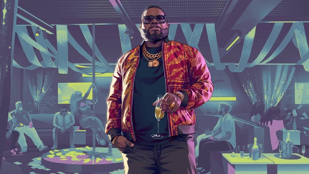 Boobie Ike from GTA VI stands confidently in a luxurious nightclub, wearing a red patterned jacket and gold chains, holding a glass of champagne as dancers and VIPs fill the neon-lit venue.