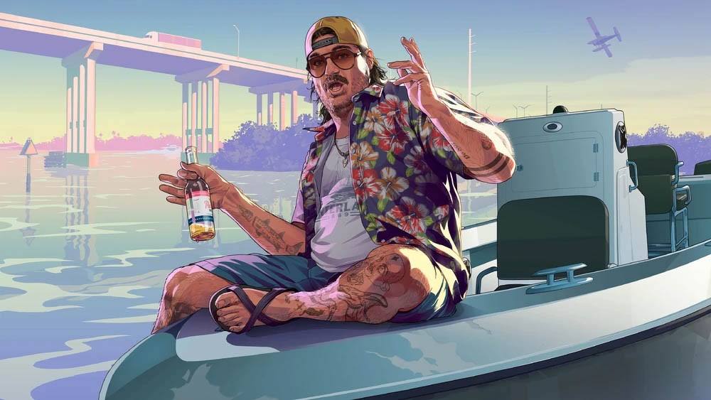 Illustration of Cal Hampton, a laid-back character from GTA VI, relaxing on a boat with a beer in hand, wearing a floral shirt, sunglasses, and a backwards cap against a pastel sunset waterfront.