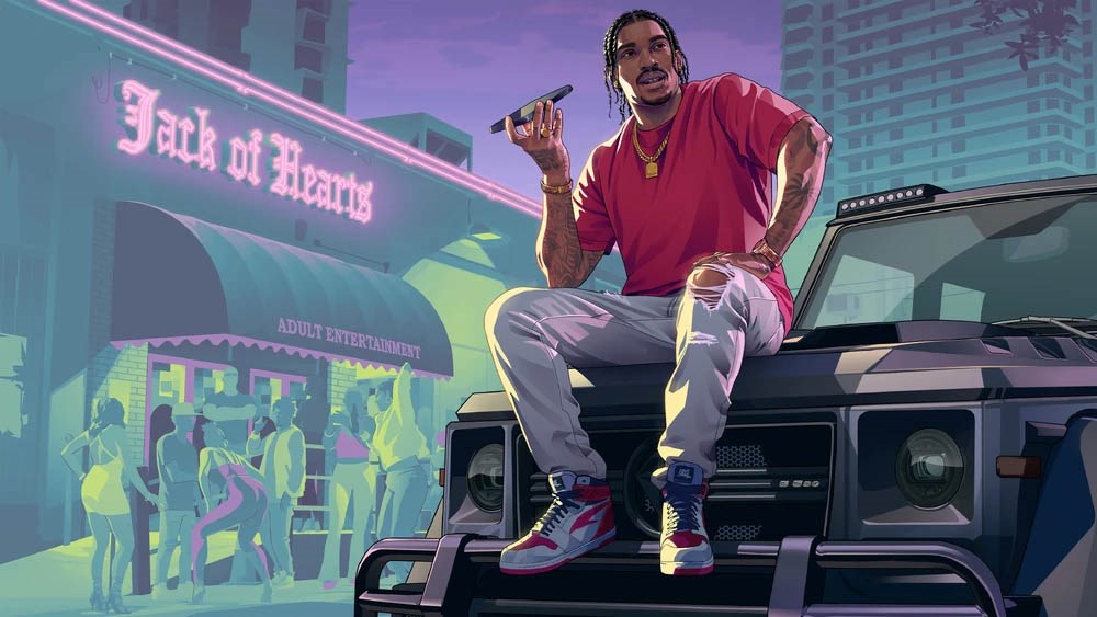 Dre'Quan Priest from GTA VI sits on the hood of a black SUV outside the neon-lit 'Jack of Hearts' club, dressed in a red shirt and gold chains, holding a phone with a confident smile.