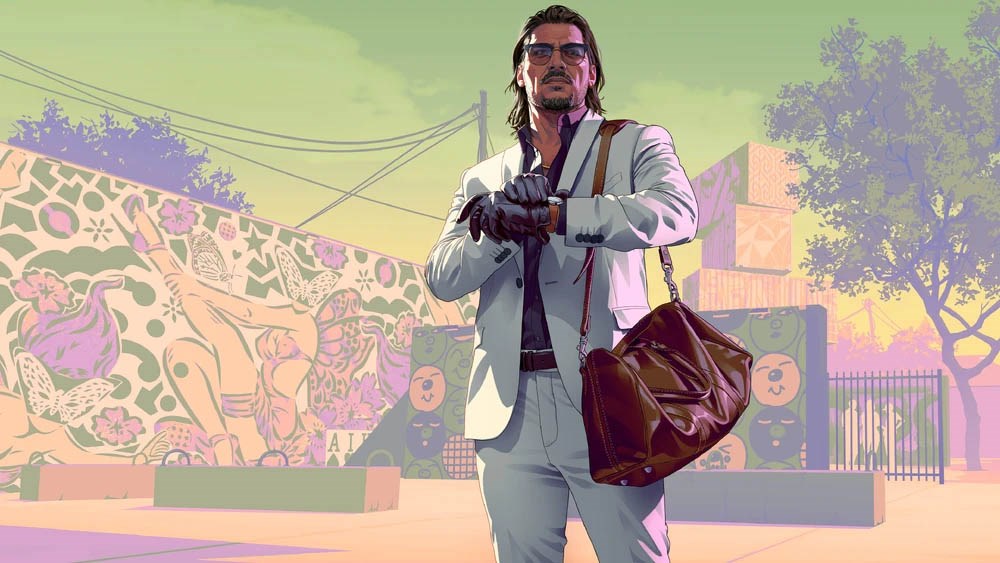 Raúl Bautista from GTA VI stands confidently in front of a vibrant graffiti wall, dressed in a sleek white suit and gloves, holding a large duffel bag, exuding the style of a seasoned heist pro.