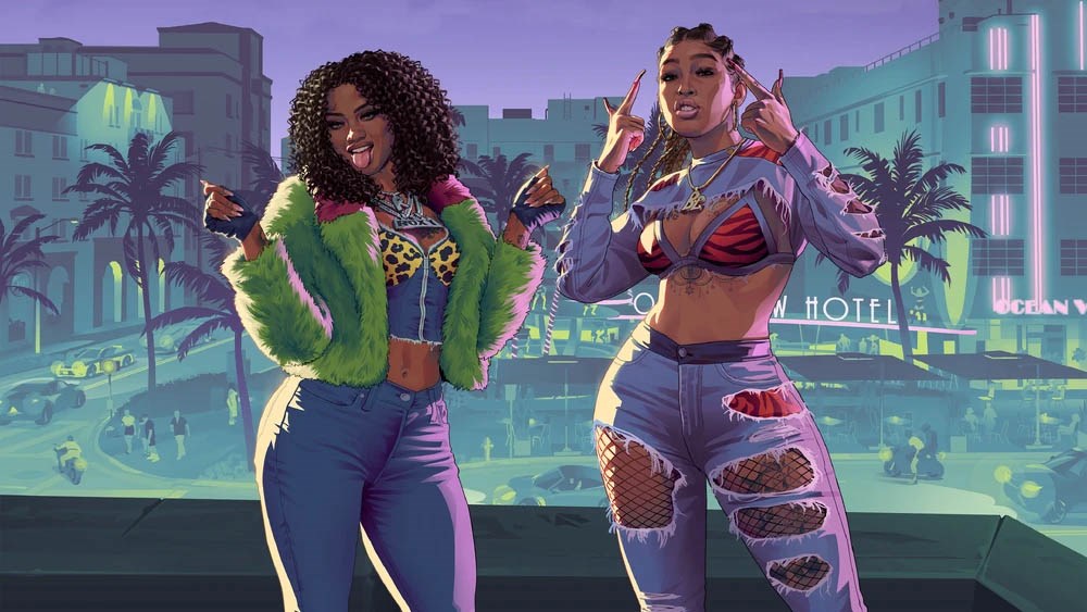 Bae-Luxe and Roxy of Real Dimez pose confidently on a rooftop in Vice City, dressed in bold, colorful streetwear with palm-lined streets and neon hotel signs glowing in the background.