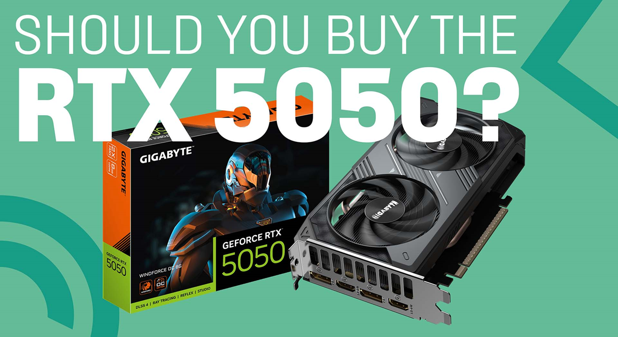 Promotional graphic featuring a Gigabyte GeForce RTX 5050 graphics card and box on a teal background with the text 'Should You Buy the RTX 5050?'