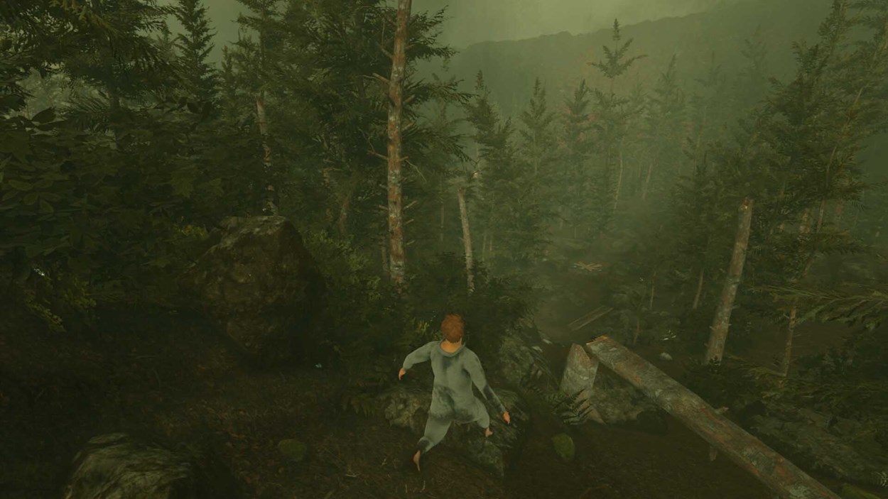 Character in pajamas carefully navigates a dense, misty forest landscape in the game "Baby Steps," surrounded by tall trees and rocky terrain.
