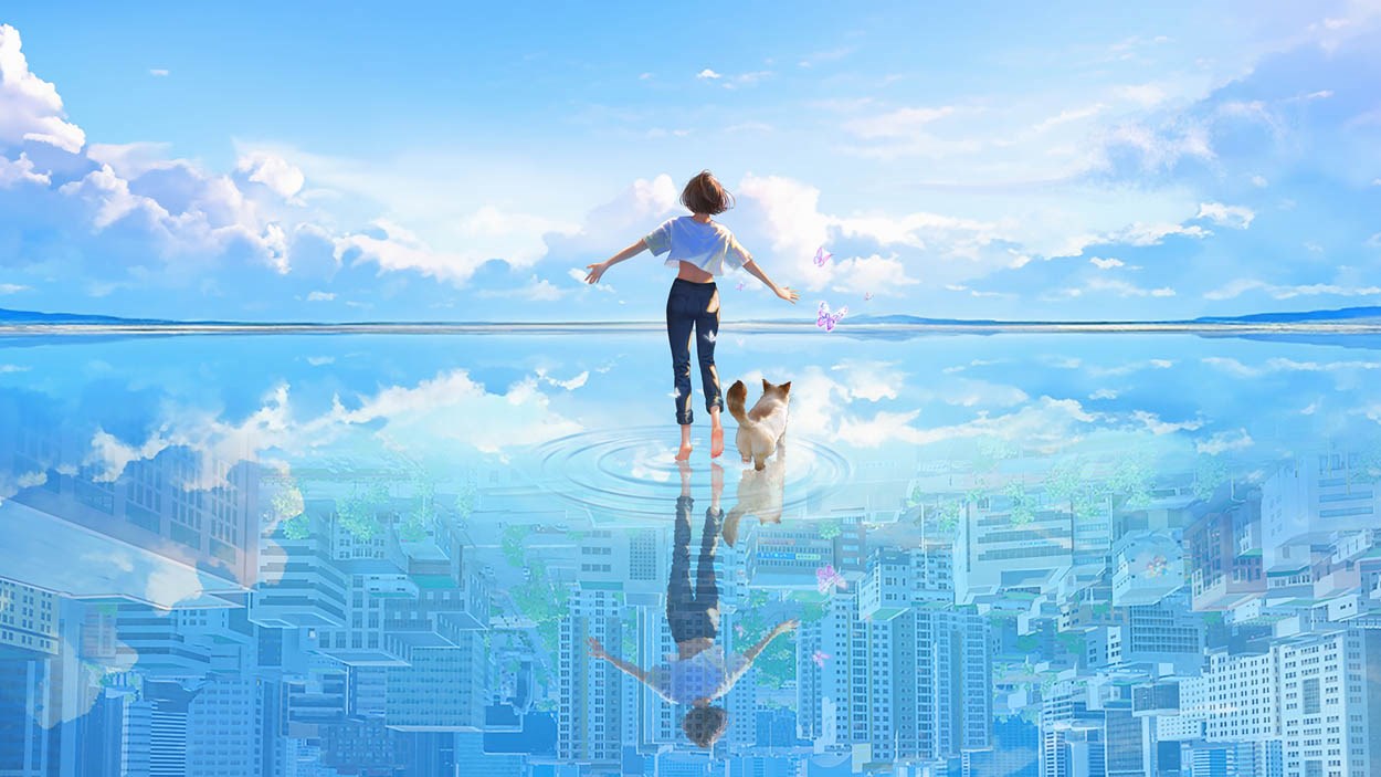 A young woman and a fluffy cat walk barefoot on a reflective water surface, with the sky and clouds blending seamlessly into the mirrored cityscape below. Soft butterflies float around, creating a dreamy, surreal atmosphere.