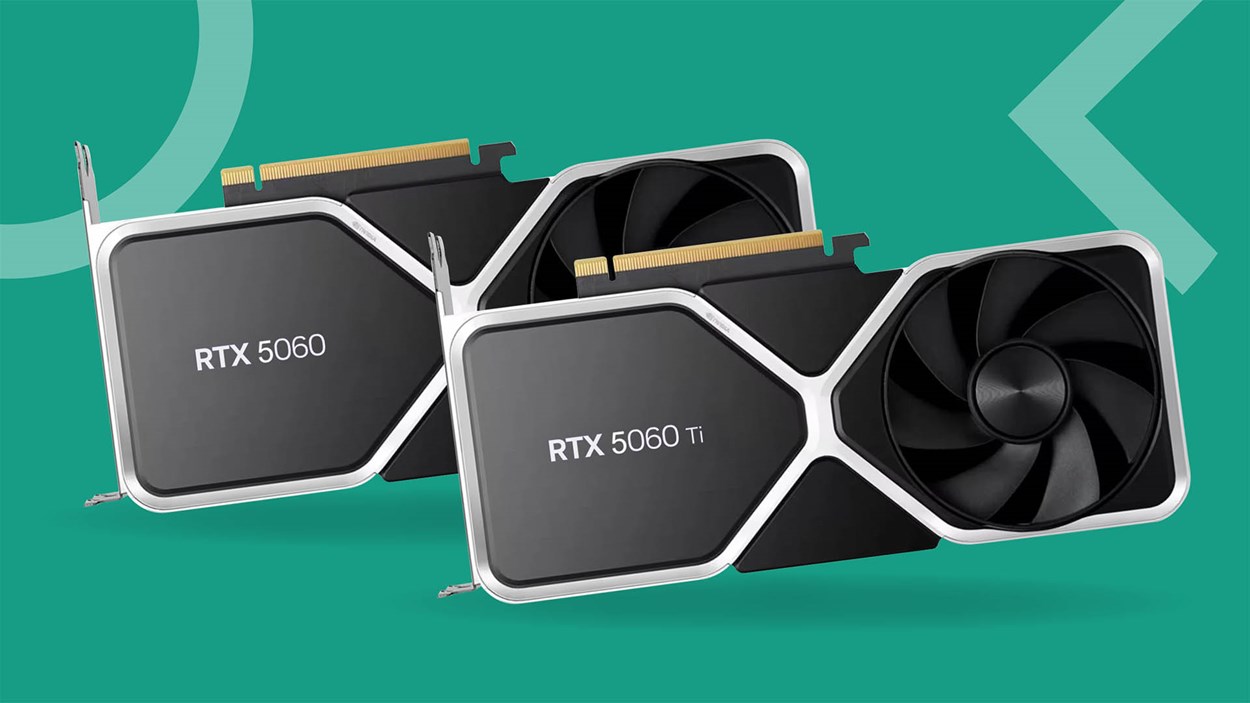 NVIDIA GeForce RTX 5060 and RTX 5060 Ti graphics cards side by side on a green background – upcoming mid-range GPUs from the RTX 50 Series