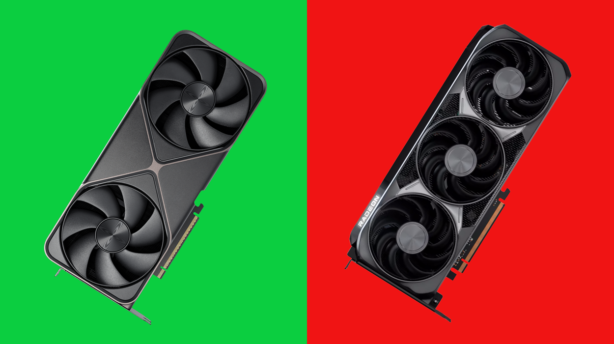 The image shows two graphics cards side by side. On the left, the AMD Radeon 9070 XT is displayed with three fans, set against a red background. On the right, the NVIDIA GeForce 5070 Ti is shown with two fans, against a green background. Both graphics cards have sleek black and silver designs with distinctive cooling systems.