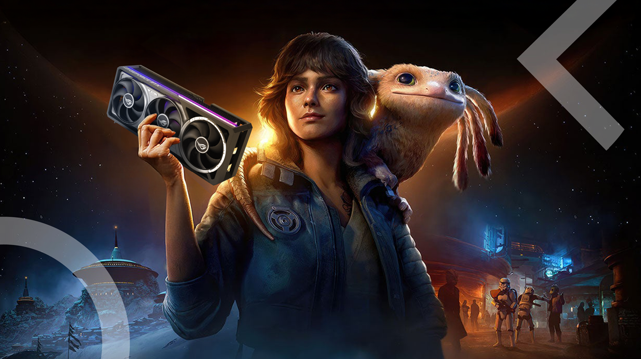 A female protagonist from the game Star Wars Outlaws stands confidently in a sci-fi environment, holding an oversized Nvidia RTX graphics card over her shoulder. A cute alien creature clings to her back, while stormtroopers and various characters move through a bustling futuristic street in the background. The scene is dramatic and vividly lit, showcasing a rich space setting.