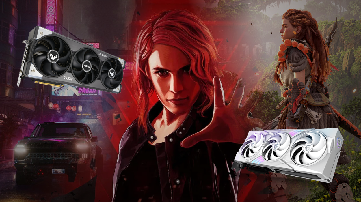 Promotional collage featuring Jesse Faden from Control and Aloy from Horizon Forbidden West, with NVIDIA RTX 5080 GPUs displayed alongside, set against vibrant game-themed backdrops, emphasizing next-gen gaming performance