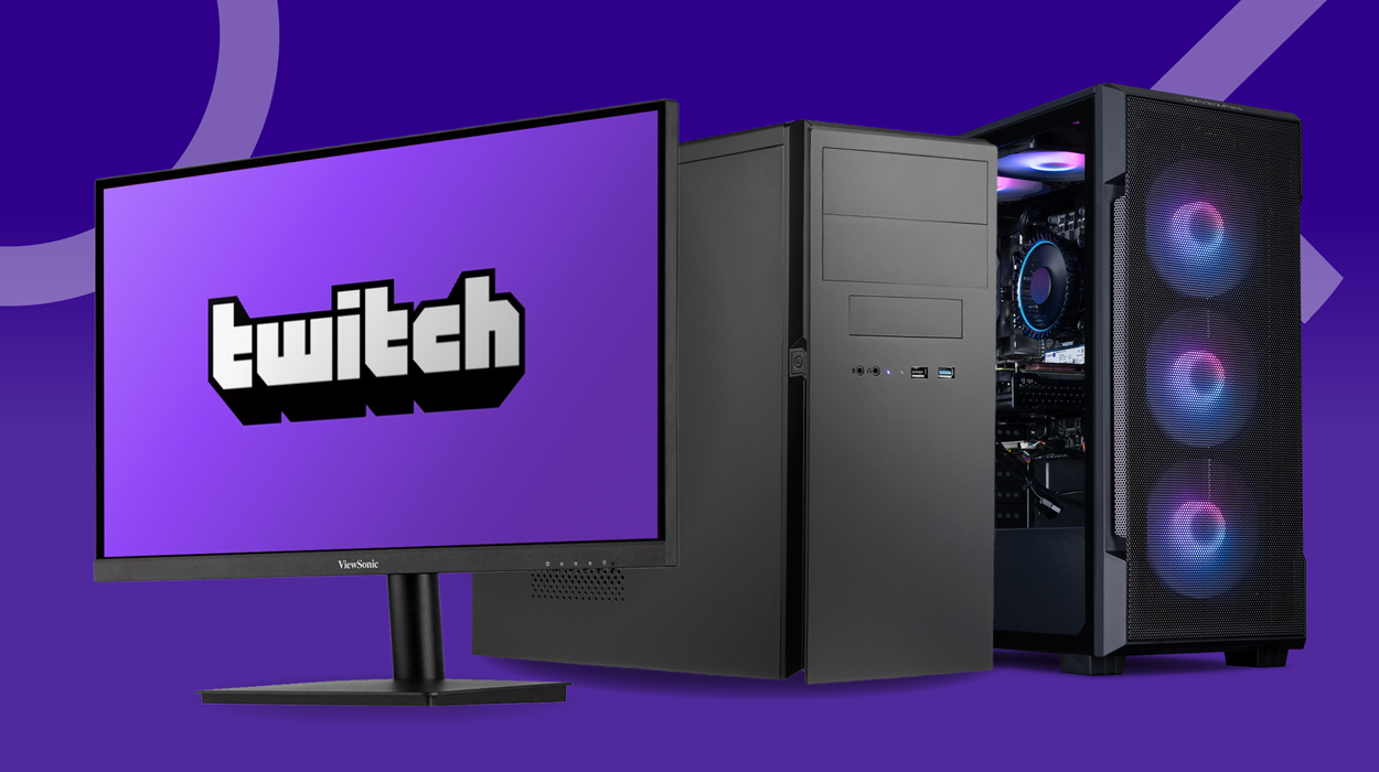 A desktop PC setup with a ViewSonic monitor displaying the Twitch logo, positioned beside two tower PCs—one with RGB cooling fans and an open side panel—set against a purple background.