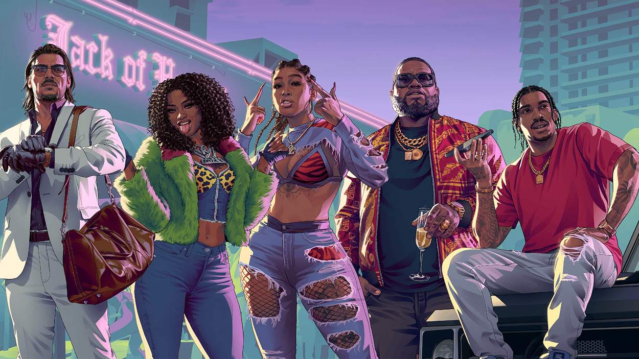 Group of GTA VI supporting characters posing in front of the neon-lit ‘Jack of V’ club. Characters include a suited man with gloves, two stylish female rappers, a gold-covered mogul, and a laid-back street entrepreneur