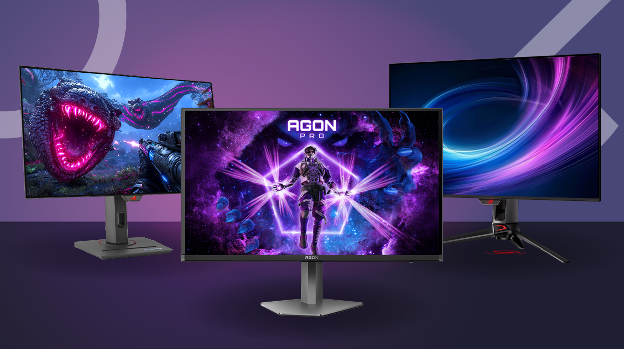 Three OLED gaming monitors on a purple gradient background, each displaying vibrant sci-fi game scenes. The center monitor shows the AGON PRO logo with a futuristic character, while the side monitors display a glowing alien creature and abstract light trails, highlighting the visual clarity and color depth of OLED technology.