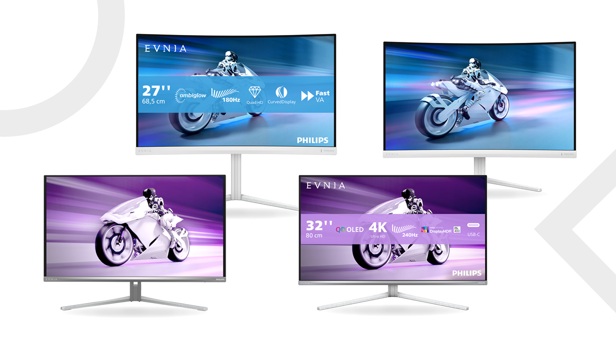 Lineup of Philips Evnia gaming monitors including 27-inch and 32-inch models, showcasing features like QD-OLED, 4K resolution, 180Hz and 240Hz refresh rates, Ambiglow lighting, and curved displays.