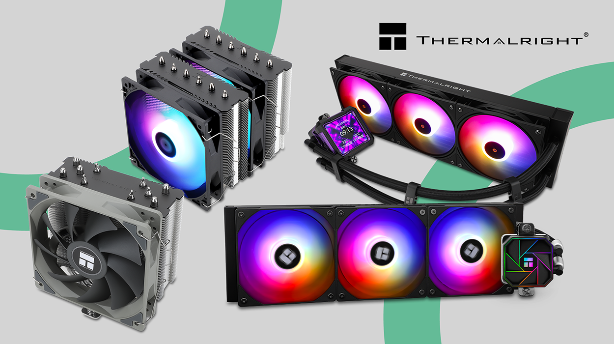 A selection of high-performance Thermalright cooling solutions, including air and liquid CPU coolers with RGB lighting. The image features a variety of Thermalright products, including a single-tower air cooler, a dual-tower air cooler, a 240mm liquid AIO cooler with an LCD display, and a 360mm liquid AIO cooler with vibrant ARGB fans. The Thermalright logo is prominently displayed in the top right corner, emphasizing the brand's premium yet affordable cooling solutions.