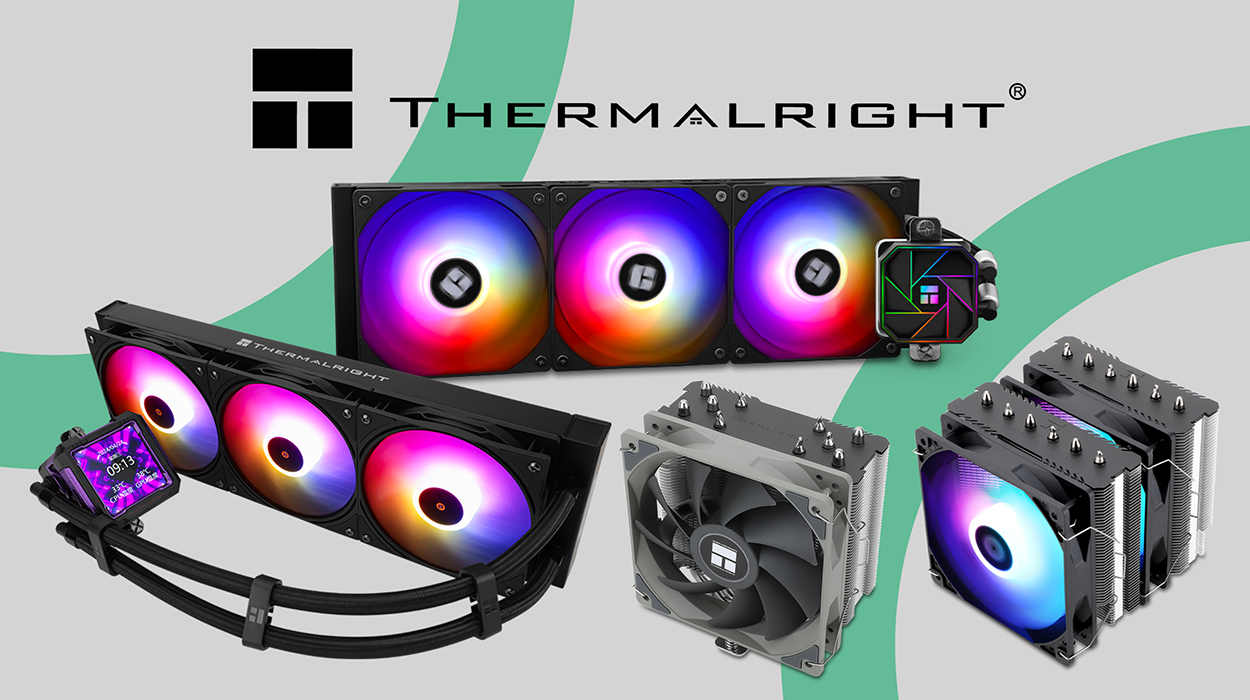 selection of Thermalright cooling solutions displayed on a modern gray and green background. The image features a range of air and liquid coolers, including a 360mm AIO liquid cooler with an LCD display, another 360mm AIO with RGB fans, a dual-tower air cooler with RGB lighting, and a compact single-tower air cooler. The Thermalright logo is prominently displayed at the top.
