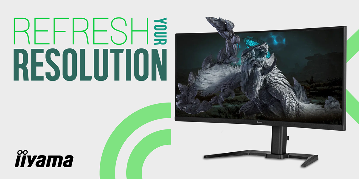 A high-resolution gaming monitor by iiyama displaying a fantasy creature emerging from the screen. The text 'Refresh Your Resolution' is featured, emphasizing high refresh rates and visual clarity. The iiyama logo is displayed in the bottom left corner.