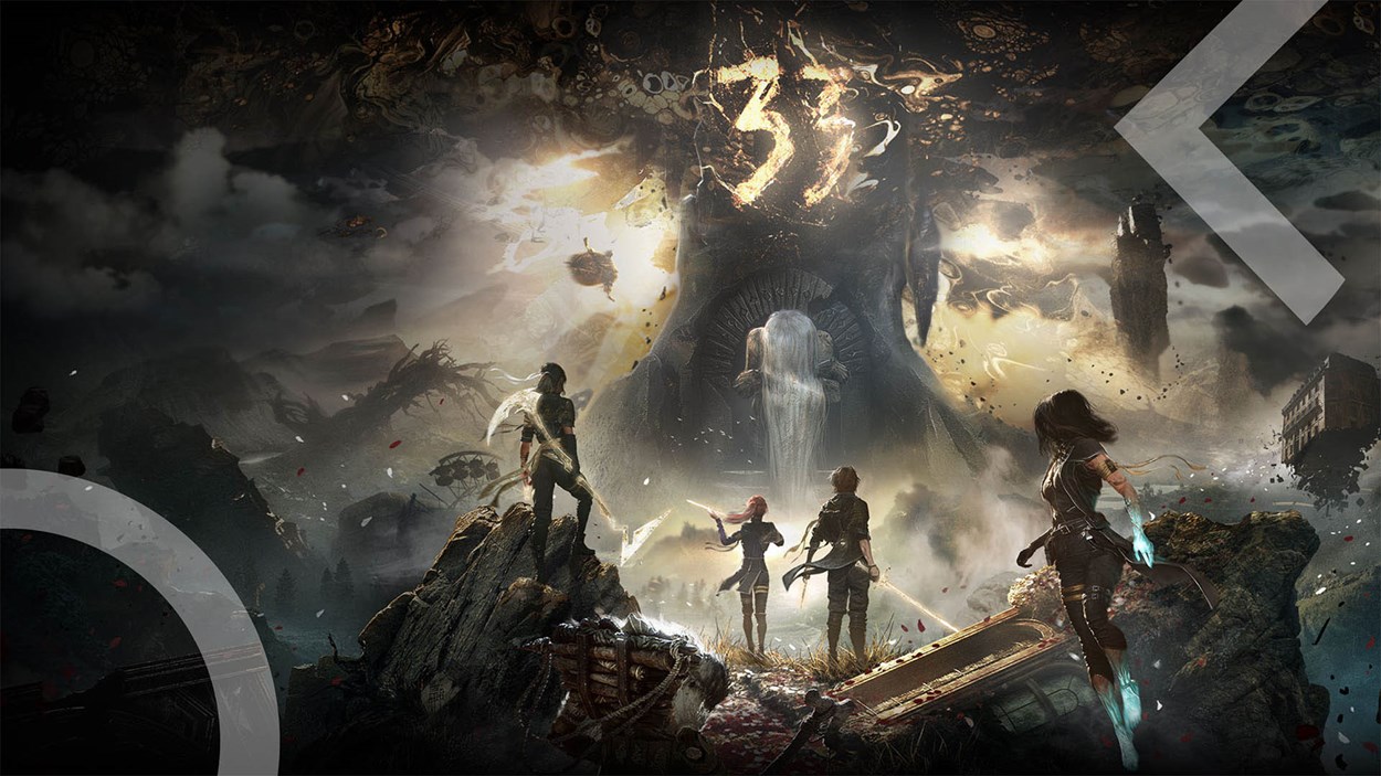 Four adventurers stand before a towering, surreal monument marked with the number 33, surrounded by a swirling, dreamlike landscape of floating ruins, golden light, and dark shadows from Clair Obscur: Expedition 33.