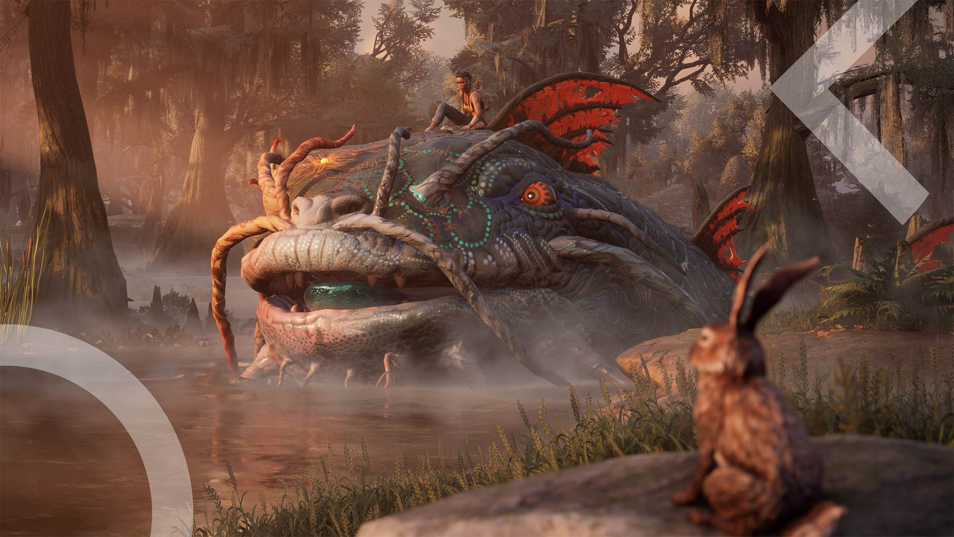 Hazel sitting atop a giant, mythical swamp creature with vibrant red fins and glowing eyes in a misty Southern bayou, as a jackalope watches from the foreground in South of Midnight.