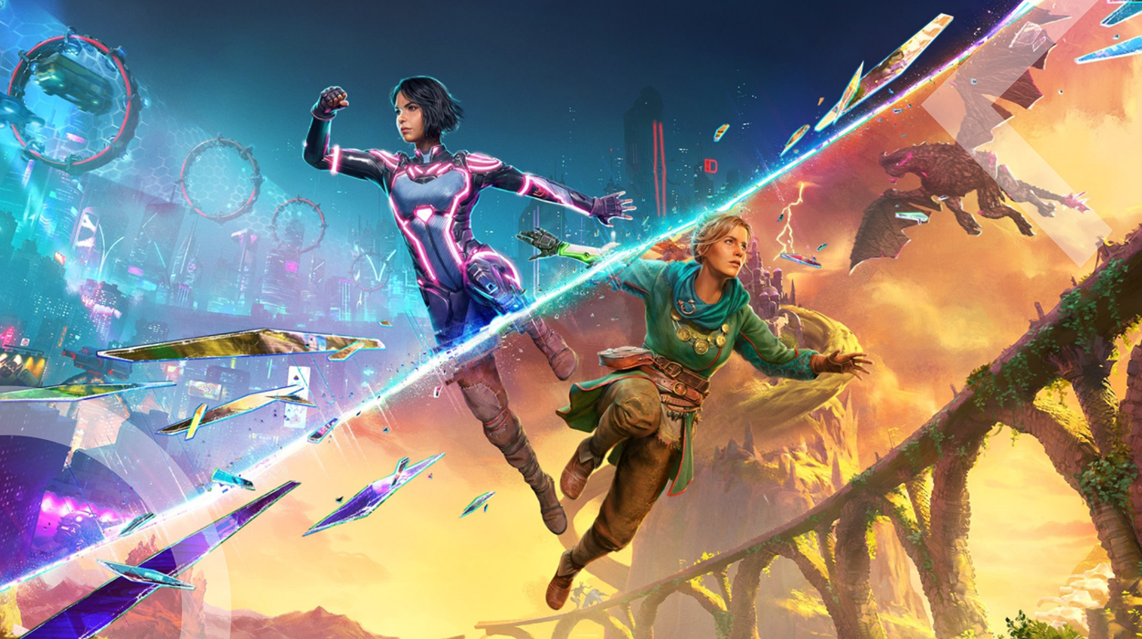 Promotional artwork for Split Fiction showing two main characters leaping between a futuristic sci-fi city and a vibrant fantasy world, symbolizing the game's dual-genre theme.