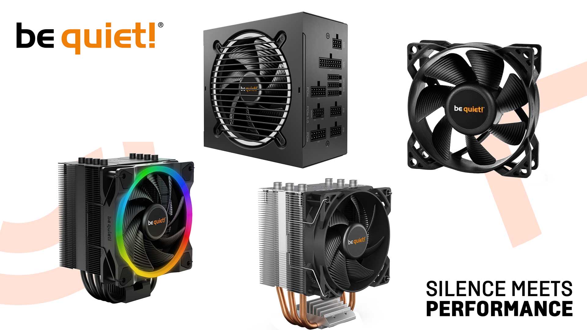 be quiet! product showcase featuring a modular power supply, Pure Wings 2 case fan, Pure Rock 2 FX RGB CPU cooler, and Pure Rock
