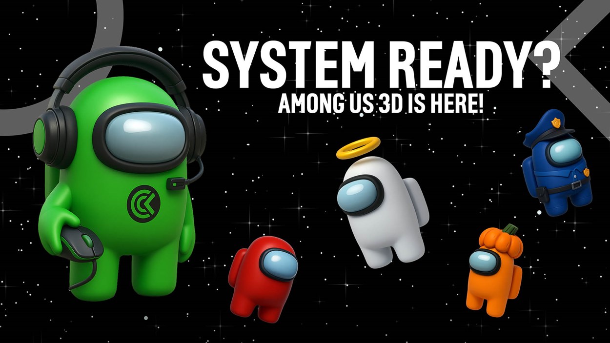 A space-themed promotional image featuring five 3D Among Us characters, including a green crewmate wearing a headset and holding a mouse with a CCL logo, alongside white, red, orange (with a pumpkin hat), and blue (police outfit) crewmates. Bold white text reads 'System Ready? Among Us 3D Is Here!'