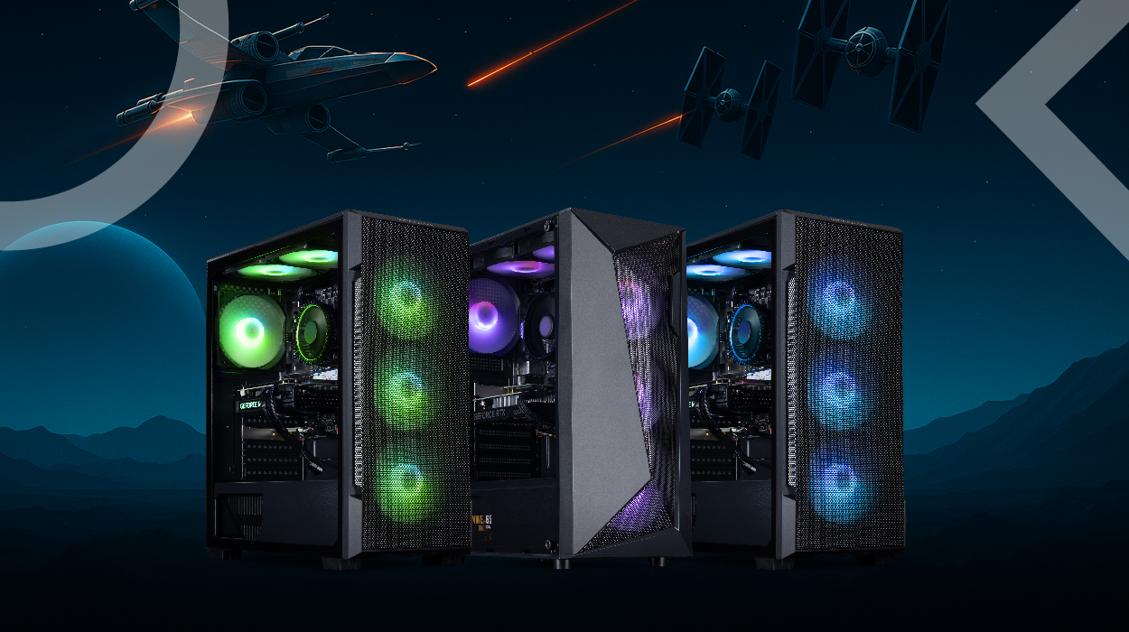 Three RGB-lit gaming PC towers with glowing fans in green, purple, and blue, set against a space-themed background featuring X-Wing and TIE Fighter ships from Star Wars, with laser beams flying overhead.