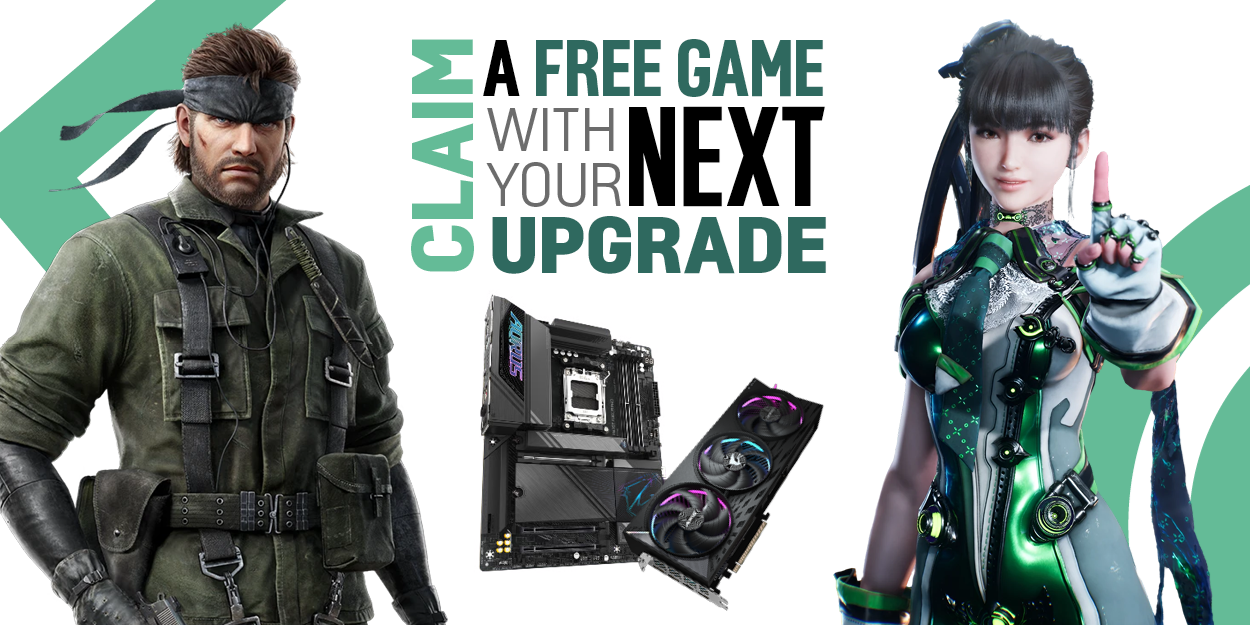 Promotional banner showing Metal Gear Solid's Snake and Stellar Blade's Eve with AORUS hardware in the center, and the text 'Claim a free game with your next upgrade.'