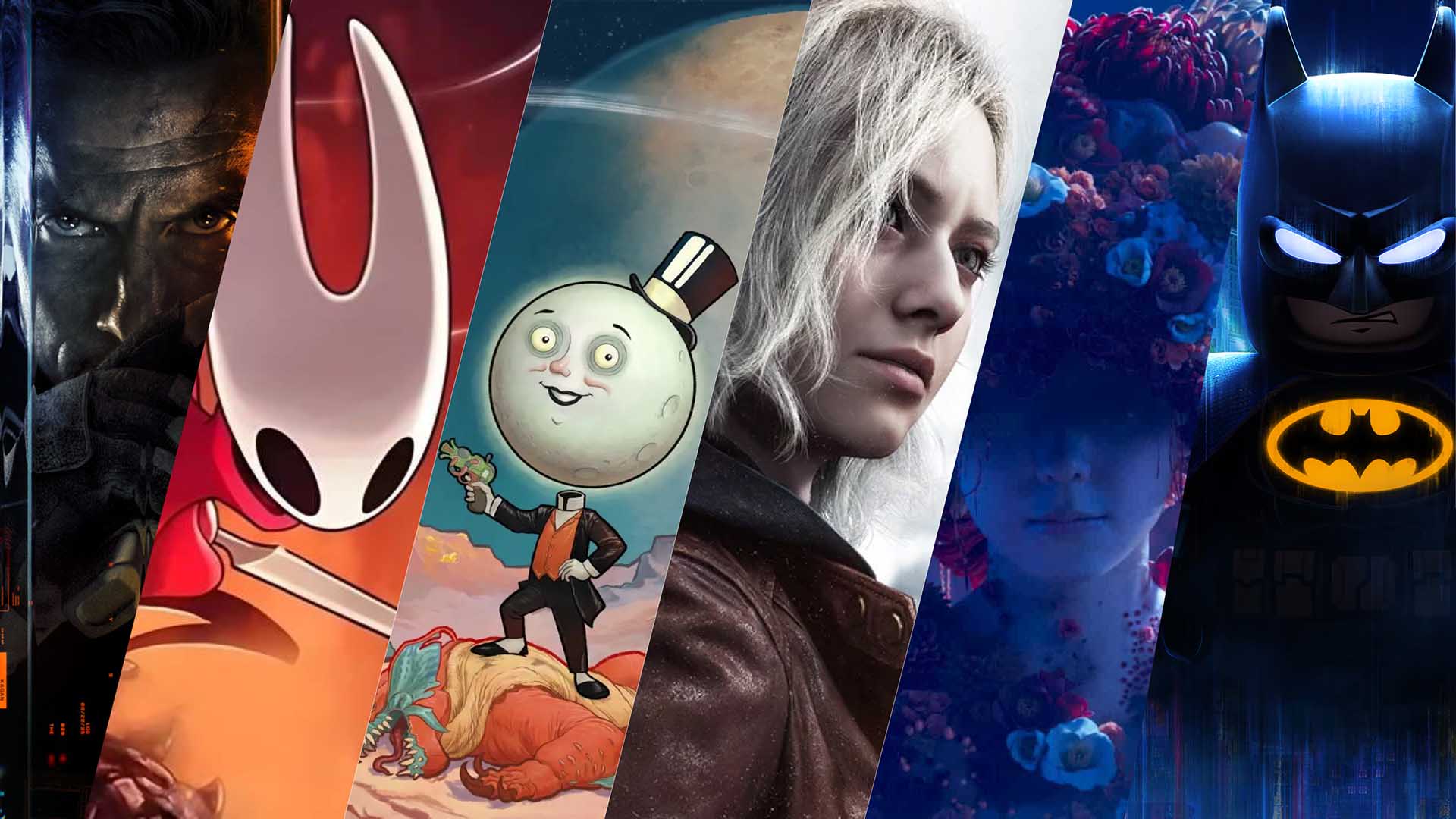 Gamescom 2025 collage featuring artwork from upcoming games: Call of Duty Black Ops 7, Hollow Knight Silksong, The Outer Worlds 2, Resident Evil Requiem, Silent Hill f, and LEGO Batman Legacy of the Dark Knight.