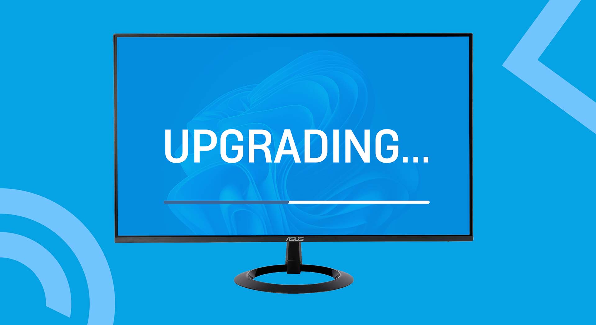Illustration of a computer monitor displaying the word ‘Upgrading…’ with a progress bar, symbolising the upgrade process to Windows 11.