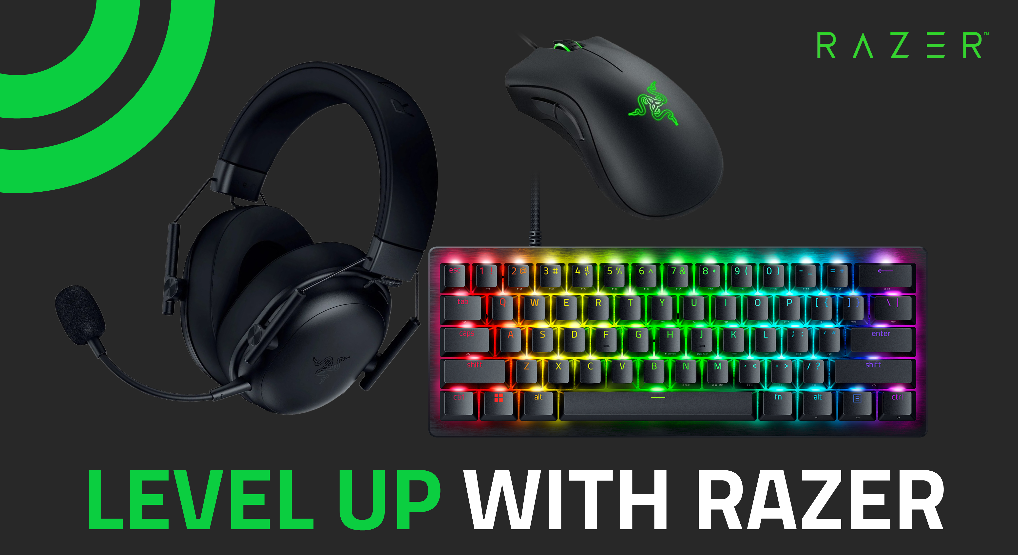 A promotional graphic featuring Razer gaming accessories including a headset, keyboard and mouse, with the text Level Up With Razer on a grey background.