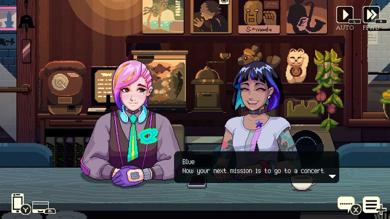 Two characters sit at a cozy café counter in "Coffee Talk Tokyo," sharing a conversation with warm pixel art visuals and a relaxing atmosphere.