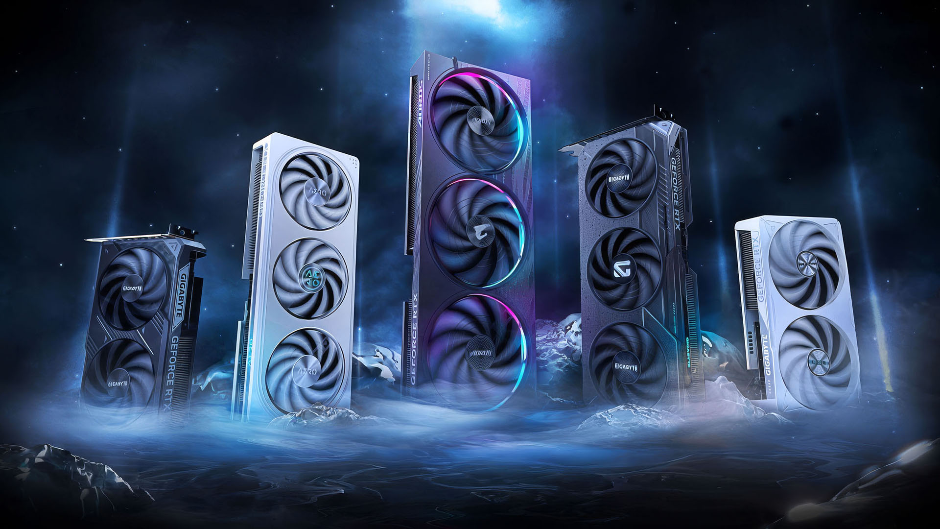 A lineup of GIGABYTE and AORUS GeForce RTX graphics cards standing upright in a dramatic sci-fi scene with glowing lighting and mist.