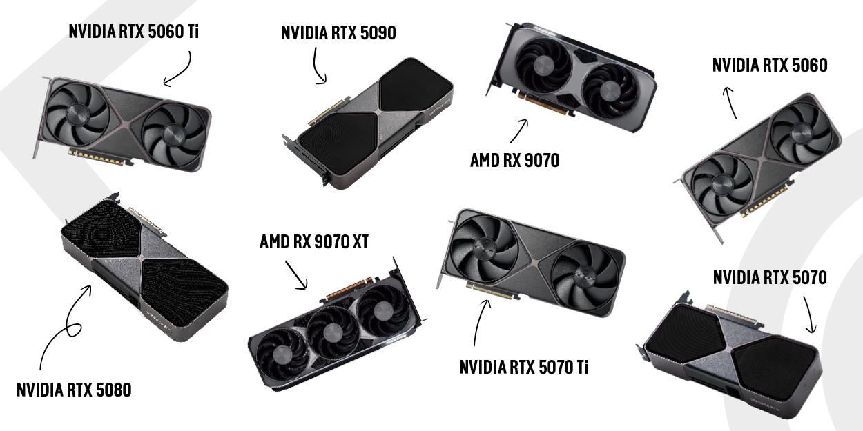 Collage of eight modern graphics cards released in 2025, including Nvidia RTX 5090, 5080, 5070 Ti, 5070, 5060 Ti, 5060, and AMD RX 9070 XT and RX 9070, with labels and directional arrows.
