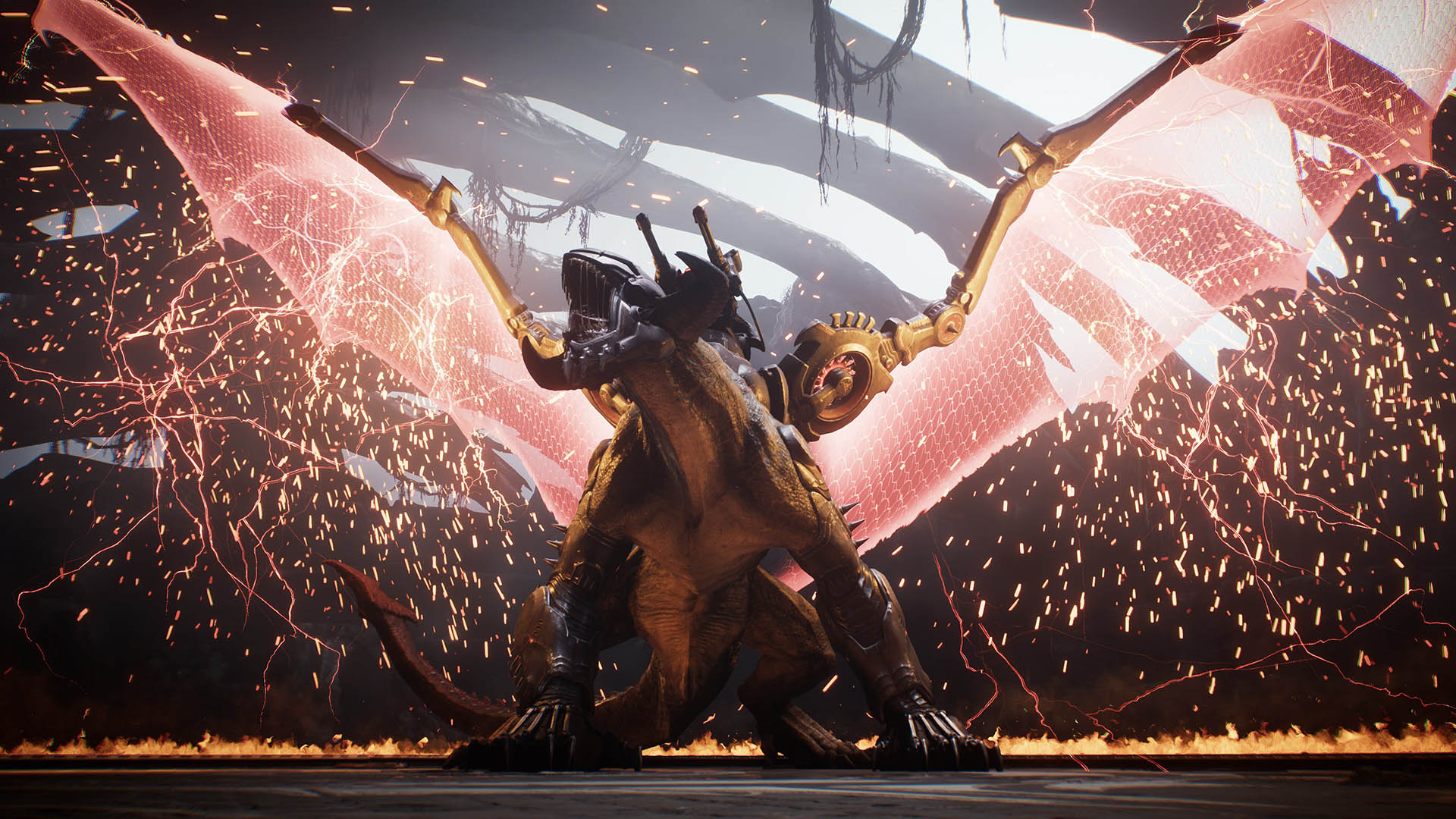 A cybernetic dragon with glowing mechanical wings and electrified appendages unleashes sparks and energy in a dramatic arena setting from Doom: The Dark Ages.