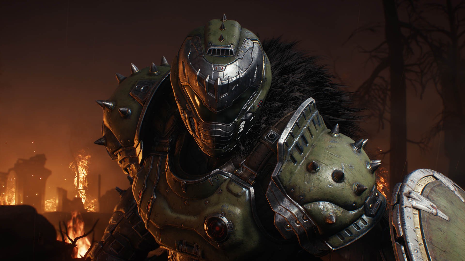 Close-up of the Doom Slayer in spiked medieval armor, wielding a battered shield and helmet, with fire and destruction burning in the background of Doom: The Dark Ages.
